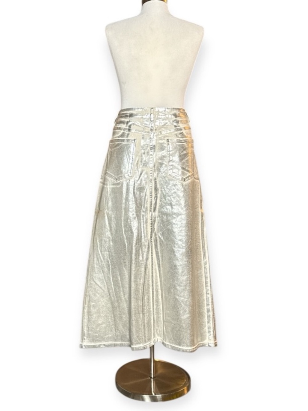 ELEVEN22 SILVER METTALIC COATED DENIM MAXI SKIRT HIGH SLIT Y2K FUTURISTIC GLAM - Picture 8 of 12